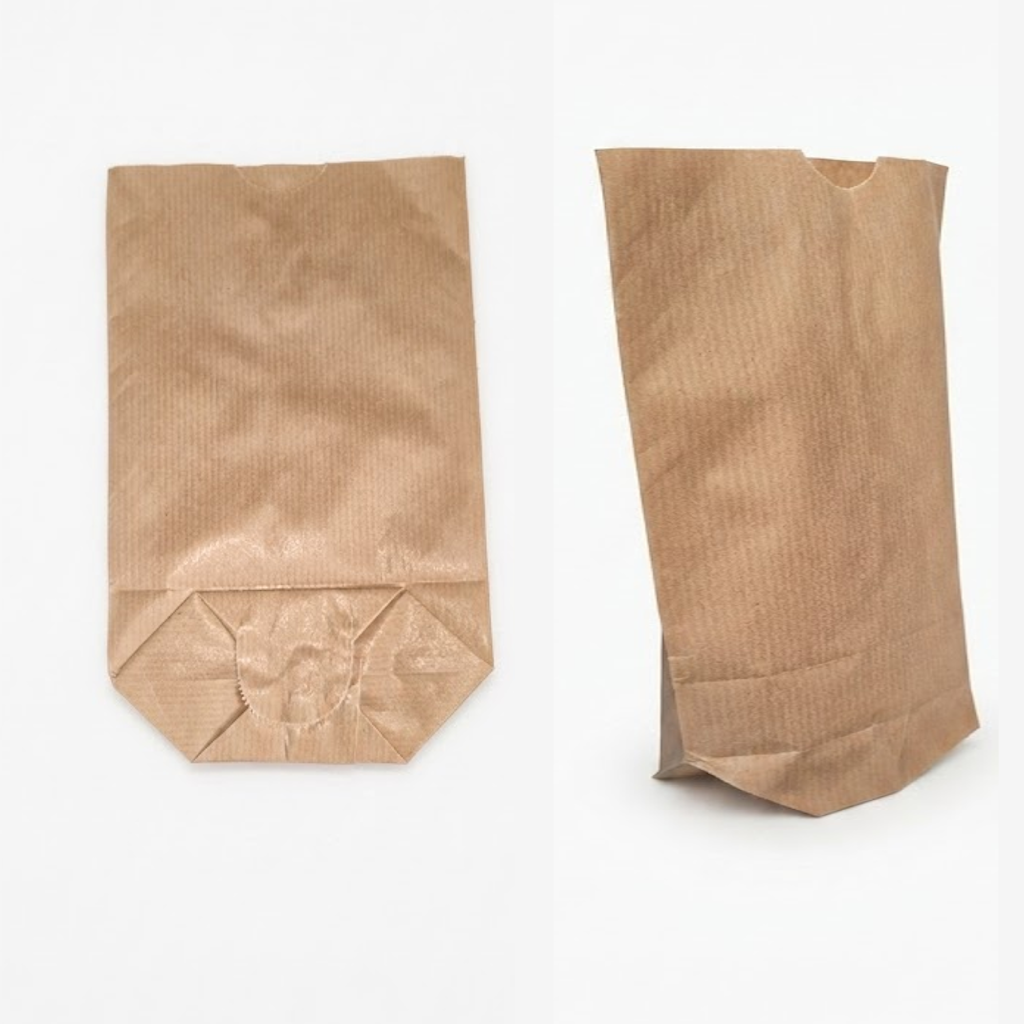 Sac écorné kraft brun double feuille, vue de face et de trois-quarts sur fond blanc