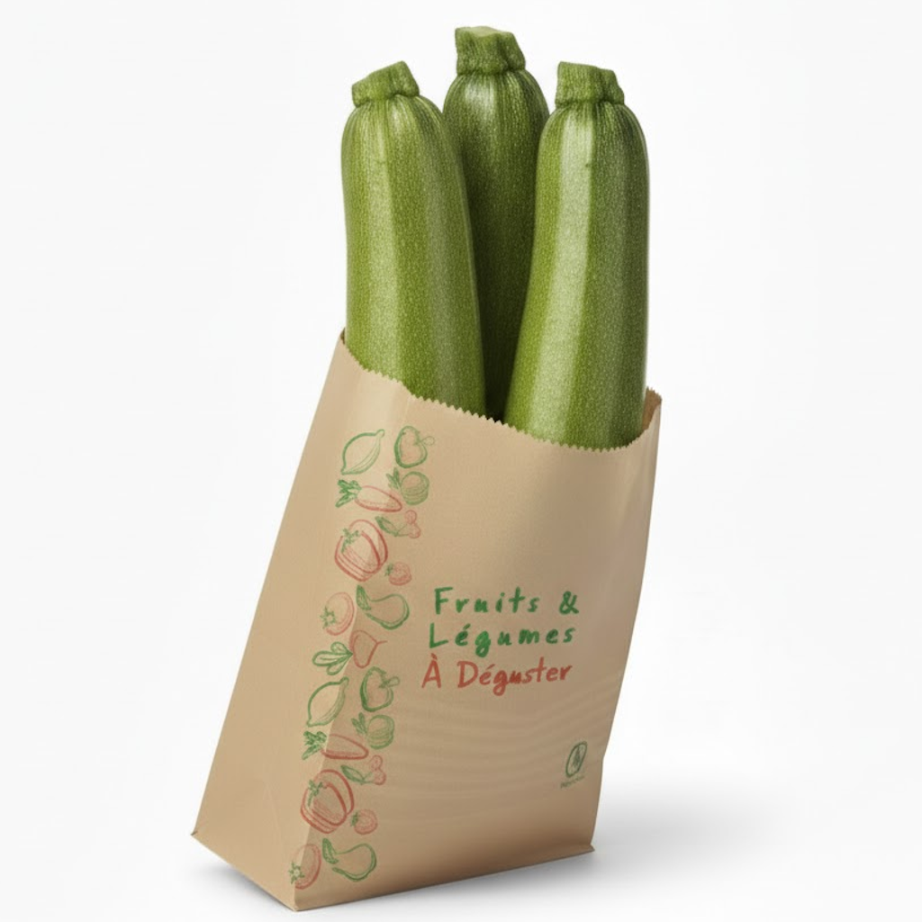 Démonstration de l'utilisation du produit Sac Papier Kraft Brun 22+9x34cm (3kg) Impression fruits et légumes sur fond neutre