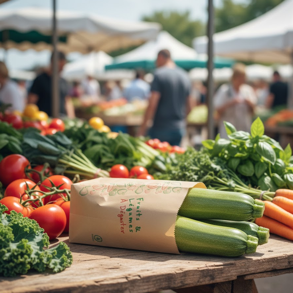 Démonstration de l'utilisation du produit Sac Papier Kraft Brun 22+9x34cm (3kg) Impression fruits et légumes dans la vie de tout les jours