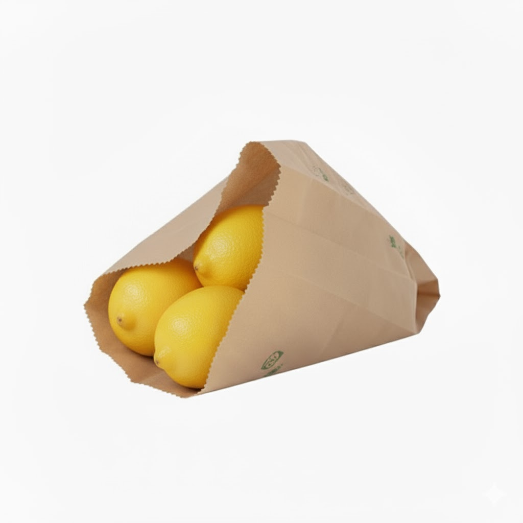 Démonstration de l'utilisation du produit Sac Papier Kraft Brun 14+9x21cm (500g) Impression fruits et légumes sur fond neutre
