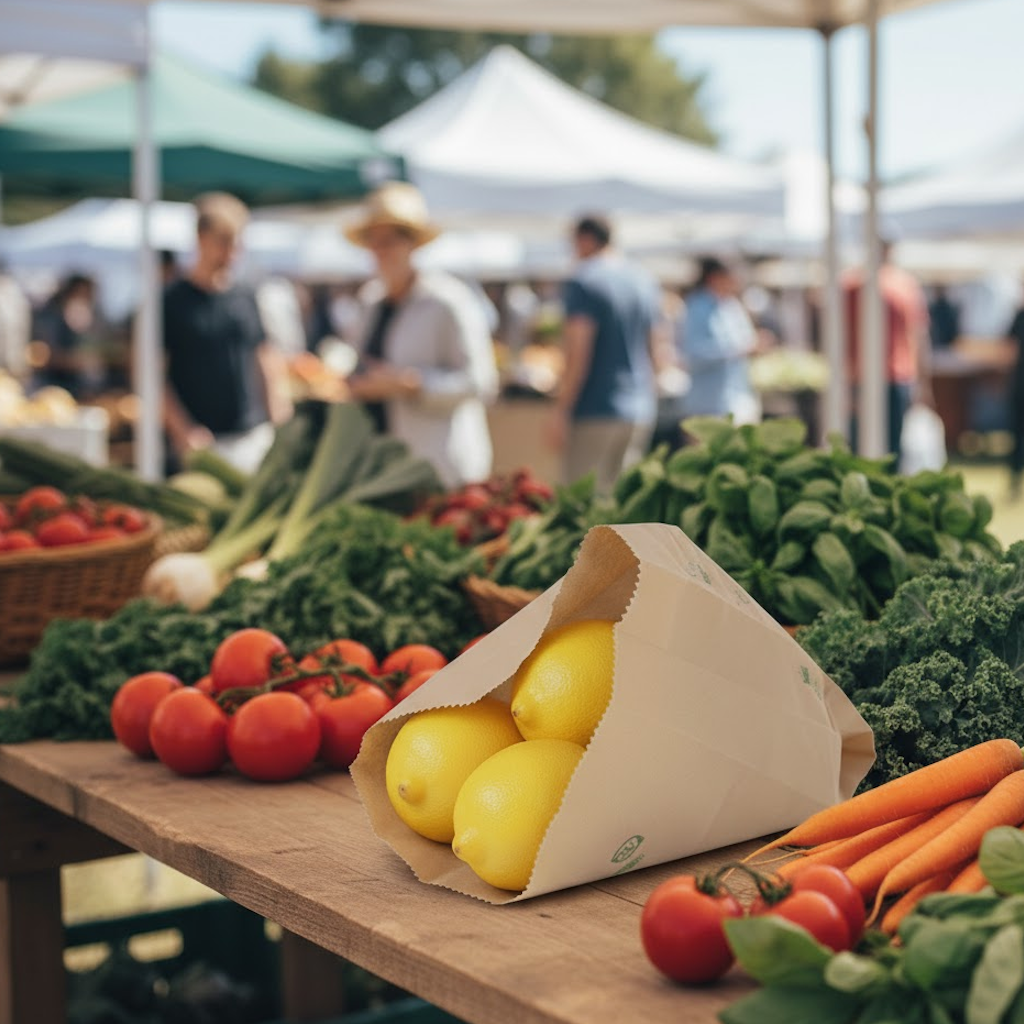 Démonstration de l'utilisation du produit Sac Papier Kraft Brun 14+9x21cm (500g) Impression fruits et légumes dans la vie de tout les jours