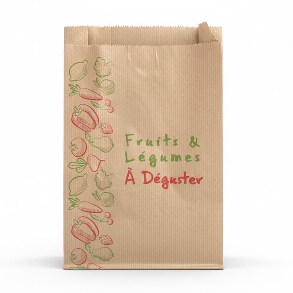 Présentation du produit Sac Papier Kraft Brun 17+6x26cm (1kg) Impression fruits et légumes sur fond neutre