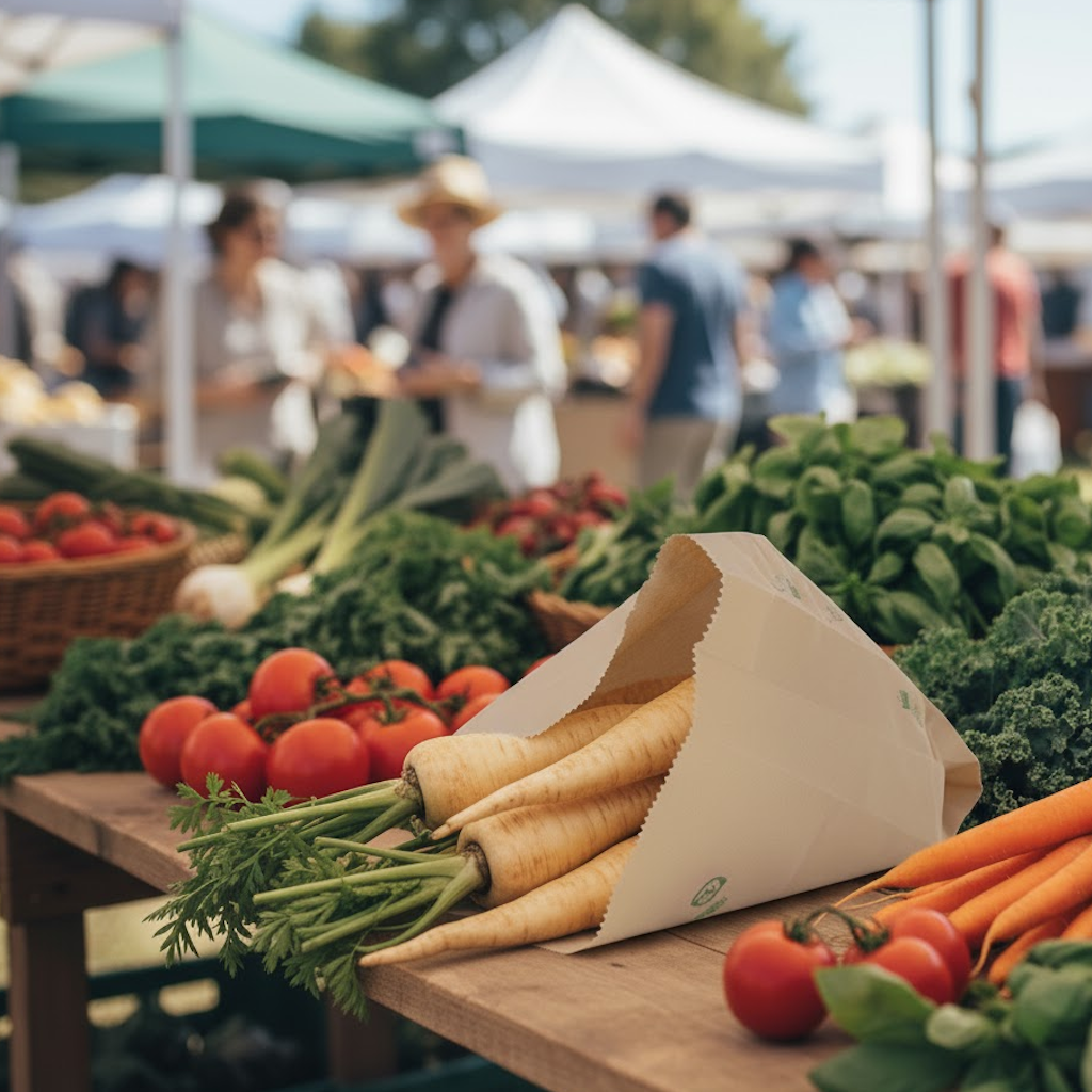 Démonstration de l'utilisation du produit Sac Papier Kraft Brun 17+6x26cm (1kg) Impression fruits et légumes dans la vie de tout les jours