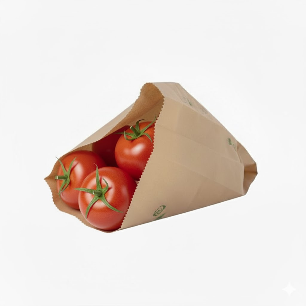 Démonstration de l'utilisation du produit Sac Papier Kraft Brun 20+6x31cm (2kg) Impression fruits et légumes sur fond neutre