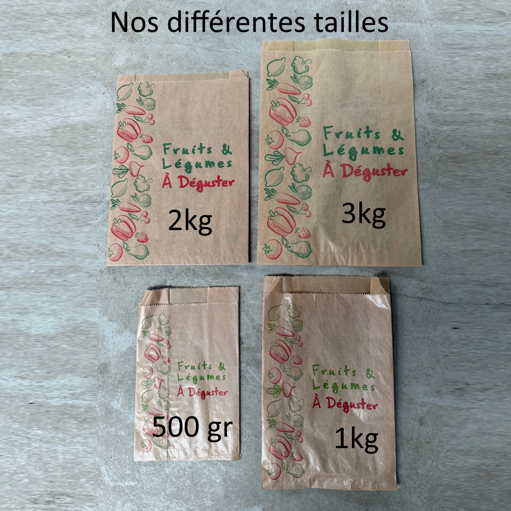 Présentation des différents sacs avec impression en couleur du texte "Fruits et légumes à déguster", il y a le sac 500 gr, le 1 kg, le 2 kg et le 3 kg