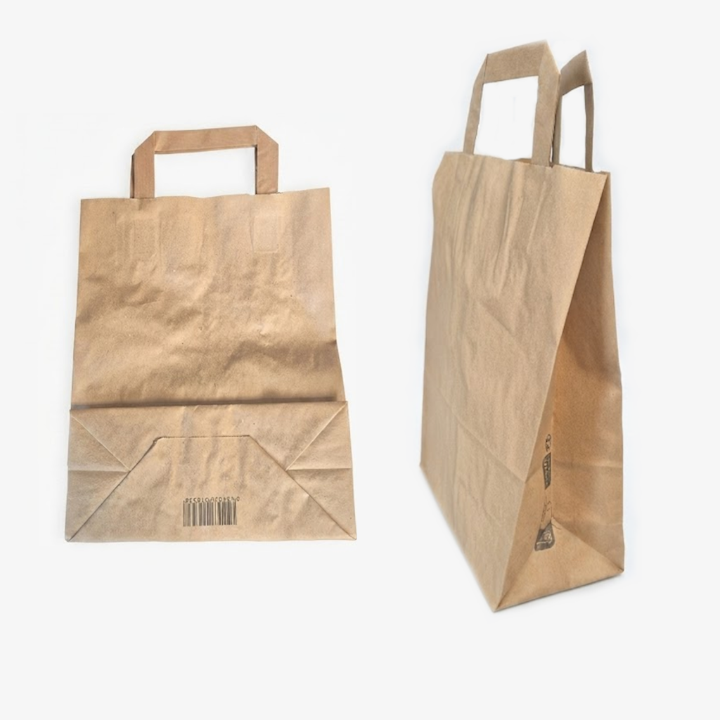 Deux sacs cabas kraft avec poignées plates, vus de face et de trois-quarts sur fond blanc