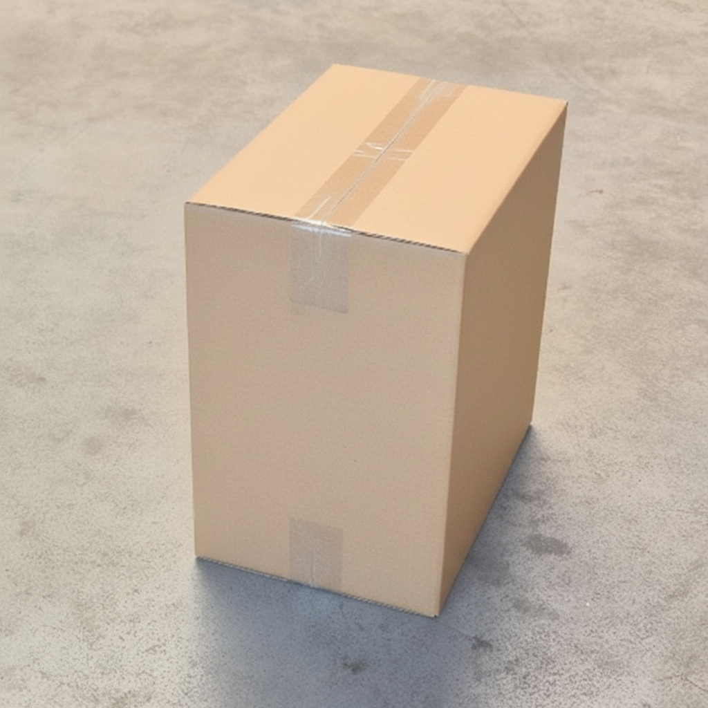 Sac cabas kraft avec poignées plates fermé par adhésif transparent, posé sur sol béton