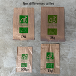 Présentation des différents sacs avec impression en vert du Logo AB, il y a le sac 500 gr, le 1 kg, le 2 kg et le 3 kg