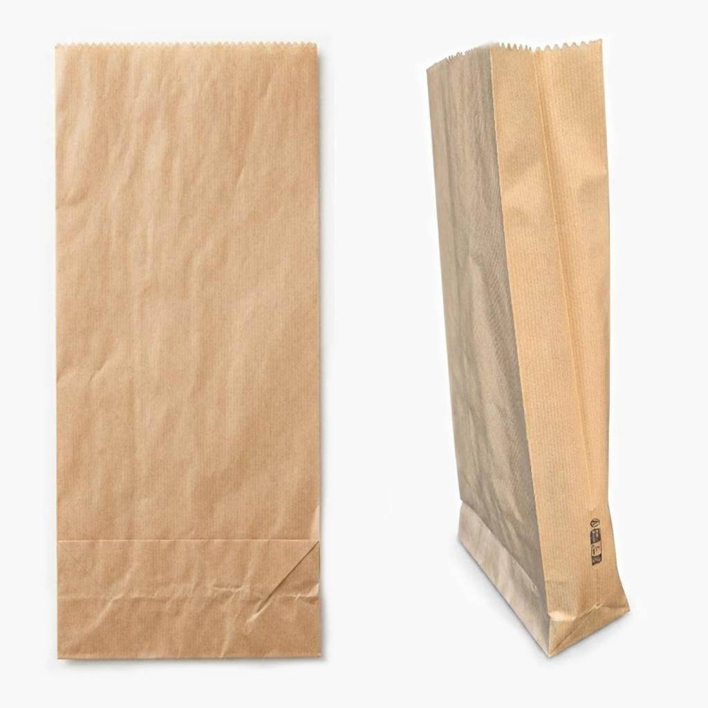 Sac SOS kraft brun à trois soufflets, présenté à plat et en volume avec fond déployé