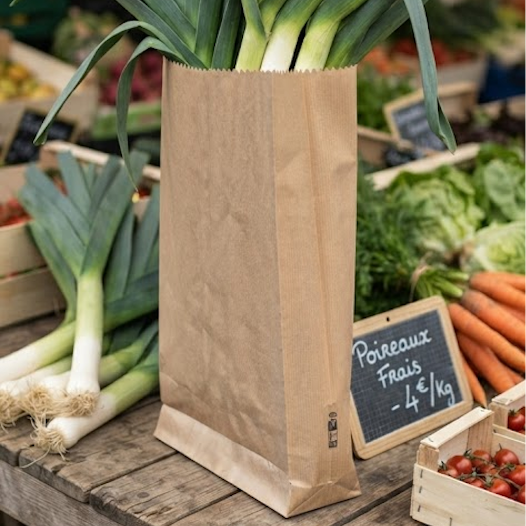 Sac SOS kraft brun contenant des poireaux, posé sur un étal de marché avec légumes frais