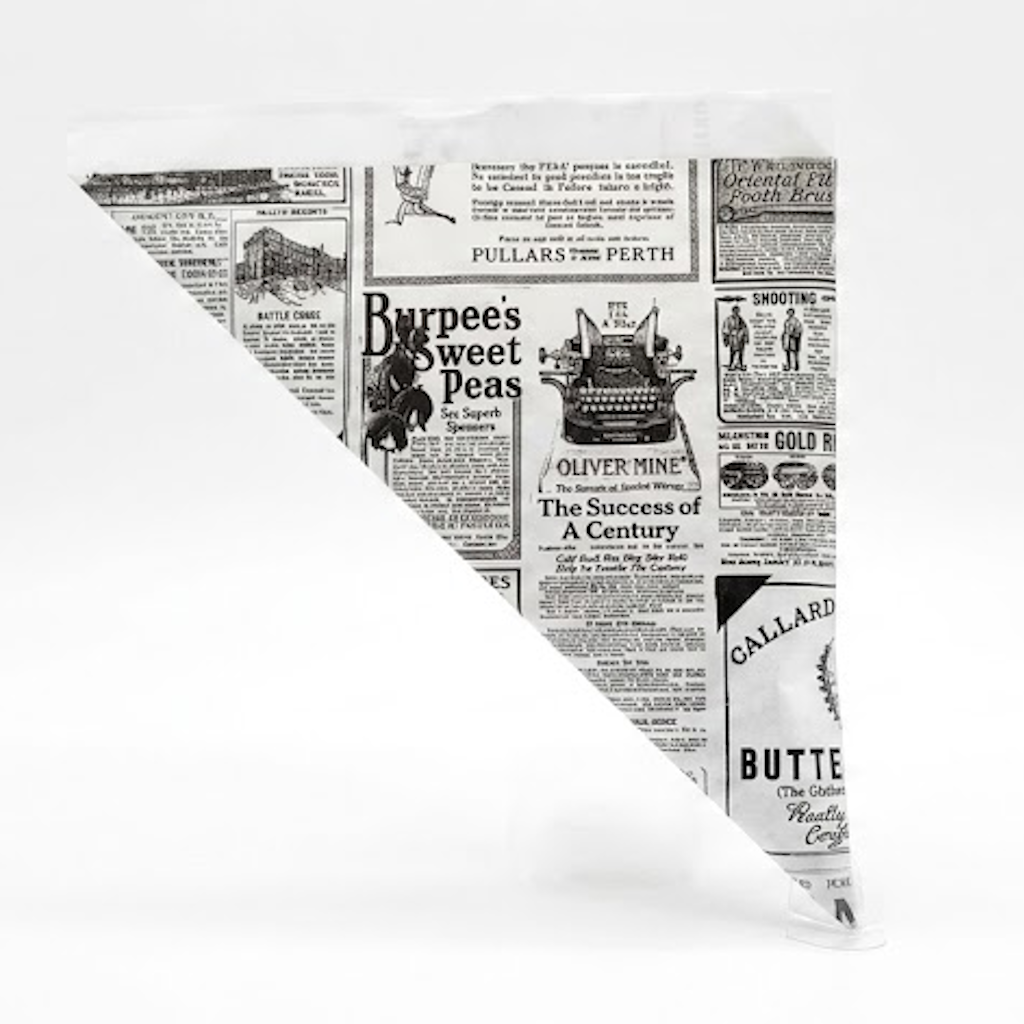 Sachet en pointe 400g modèle Times à motif papier journal vintage en noir et blanc