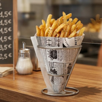 Sachet en pointe modèle Times rempli de frites, présenté dans un support conique en métal
