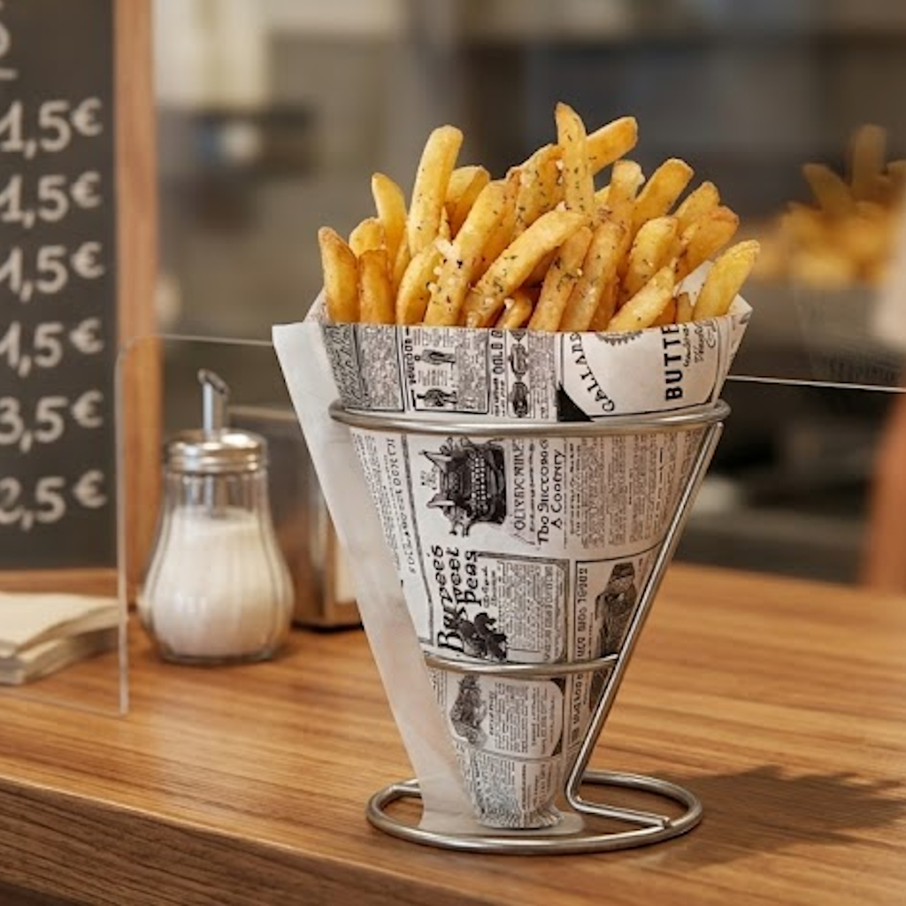 Sachet en pointe modèle Times rempli de frites, présenté dans un support conique en métal
