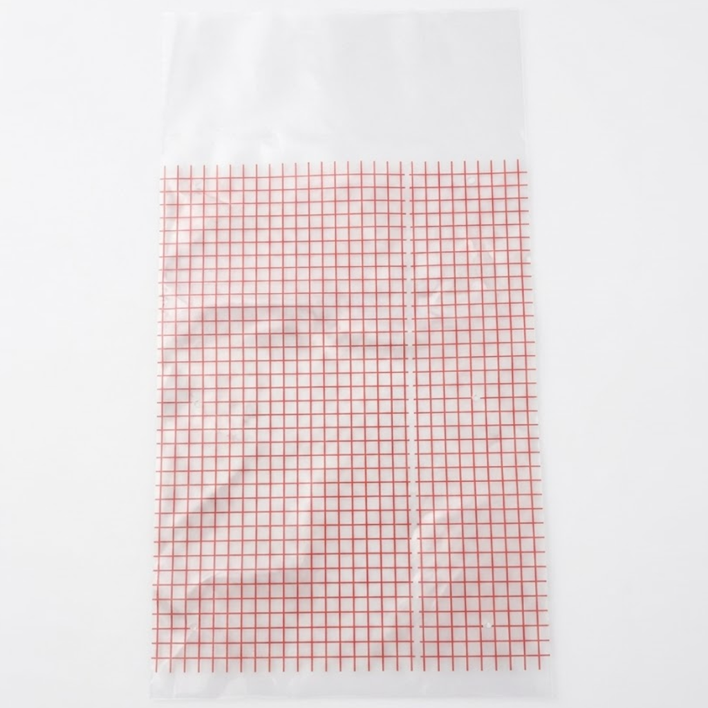 Sac transparent à impression quadrillage rouge pour conditionnement de carottes, 280x520 mm, 45 microns