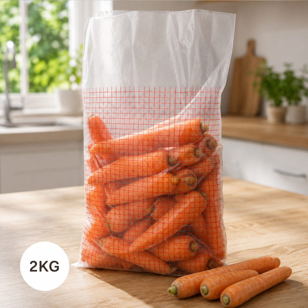 Sac transparent avec carottes fraîches, impression quadrillage rouge, marquage 2KG, posé sur planche en bois