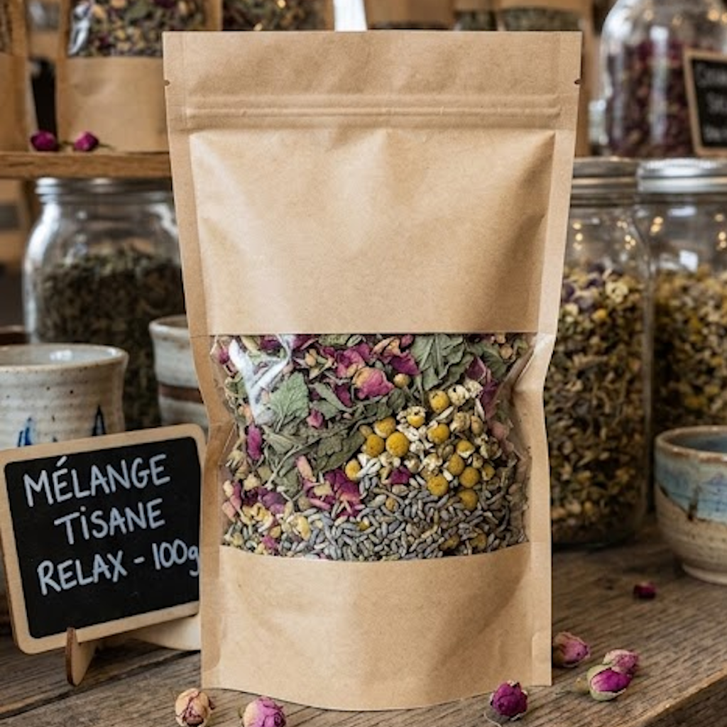 Sachet kraft zip avec fenêtre transparente rempli de tisane aux fleurs et plantes séchées colorées
