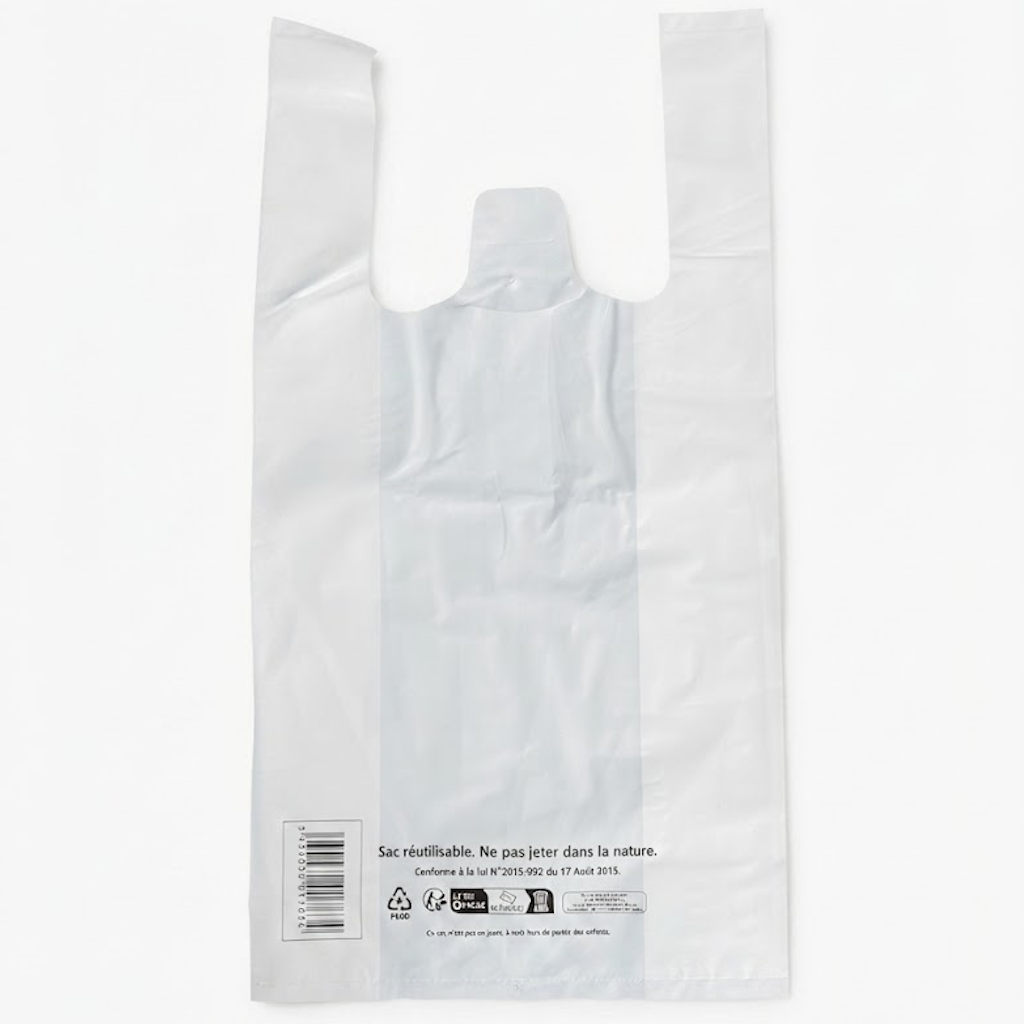 Sac bretelles réutilisable blanc avec poignées découpées et mentions de recyclage imprimées