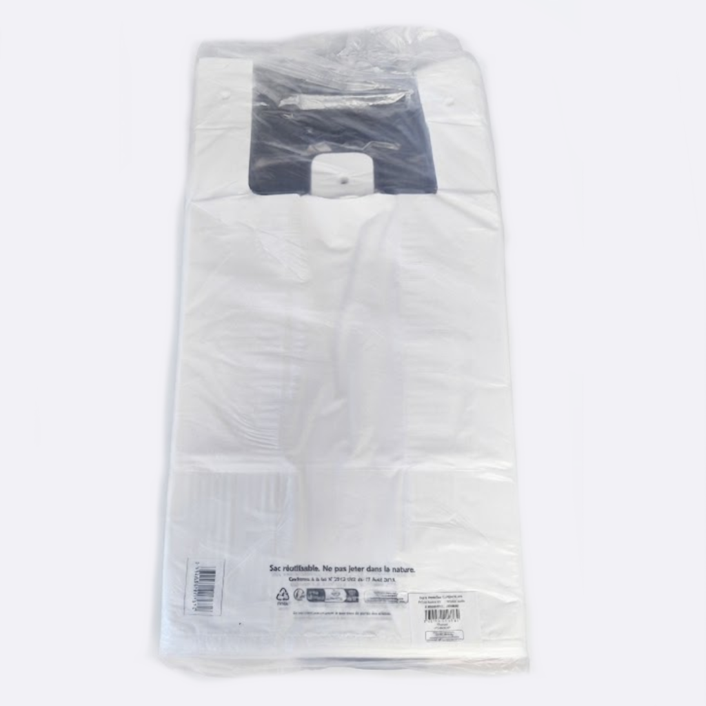 Sac bretelles réutilisable blanc emballé sous film plastique transparent avec étiquette imprimée