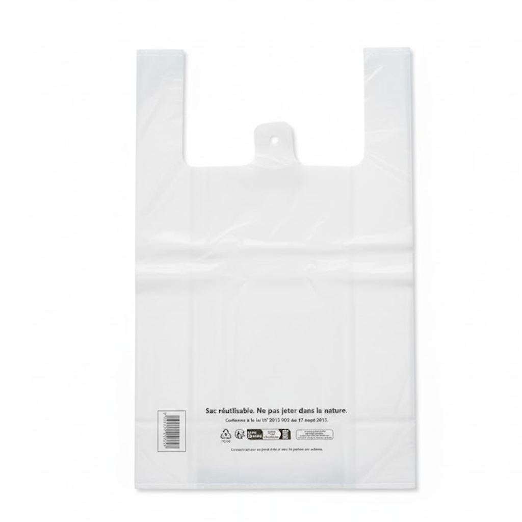 Présentation du produit Sac Bretelles réutilisables Blanc 30+14x50 50µ/14L sur fond neutre