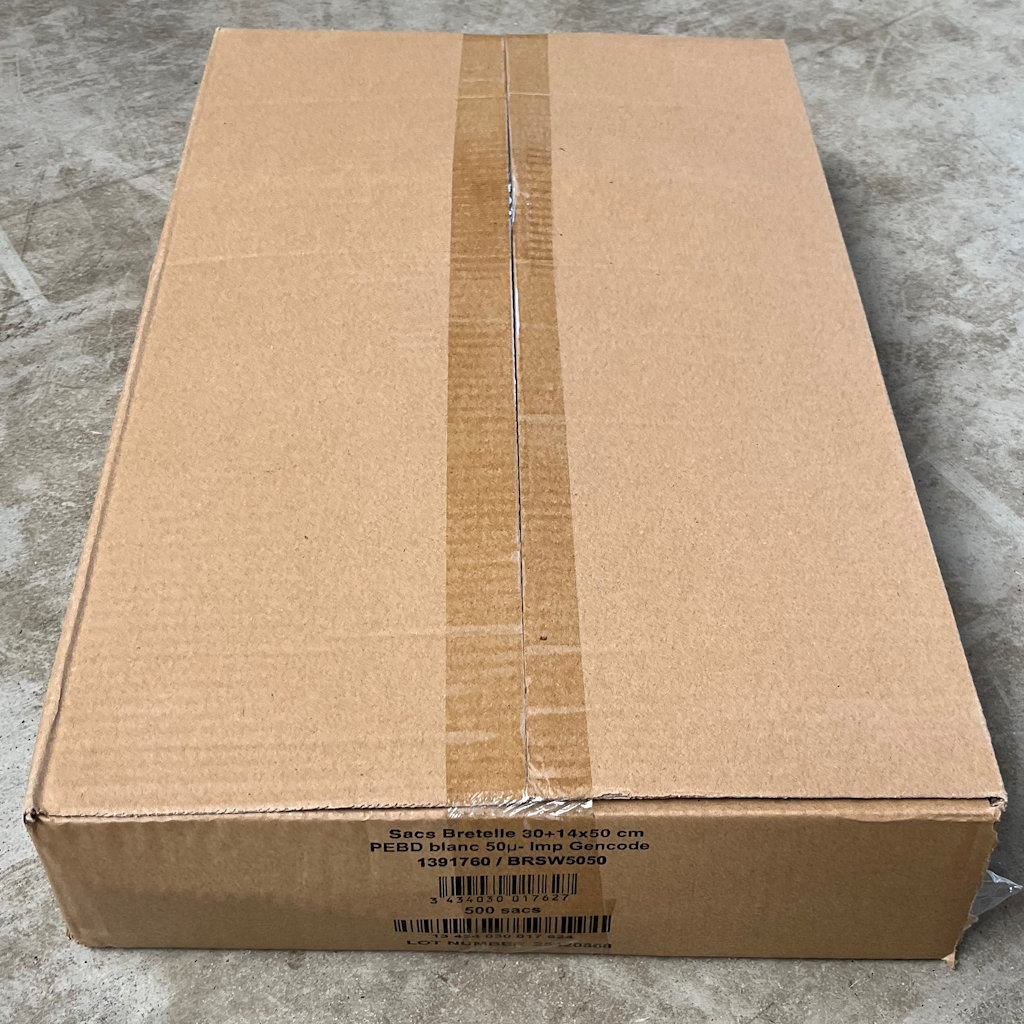 Présentation du colisage reçu pour le produit Sac Bretelles réutilisables Blanc 30+14x50 50µ/14L