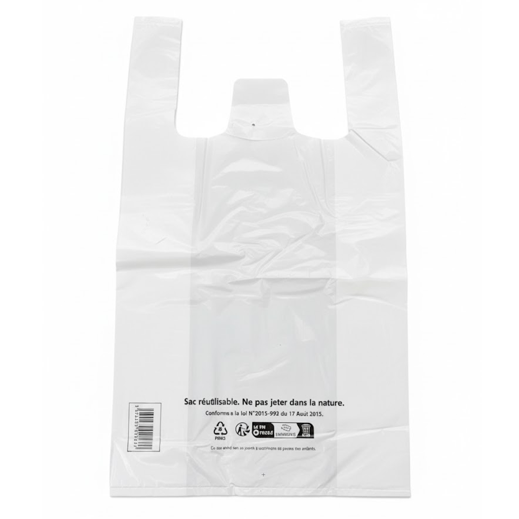 Présentation du produit Sac Bretelles réutilisables Blanc 26+12x45cm 50µ /10L sur fond neutre