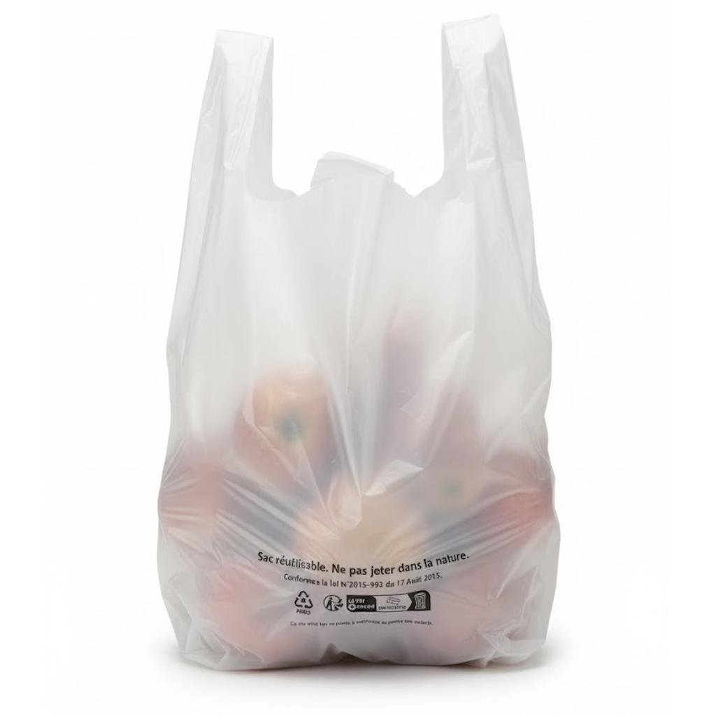 Démonstration de l'utilisation du produit Sac Bretelles réutilisables Blanc 26+12x45cm 50µ /10L sur fond neutre