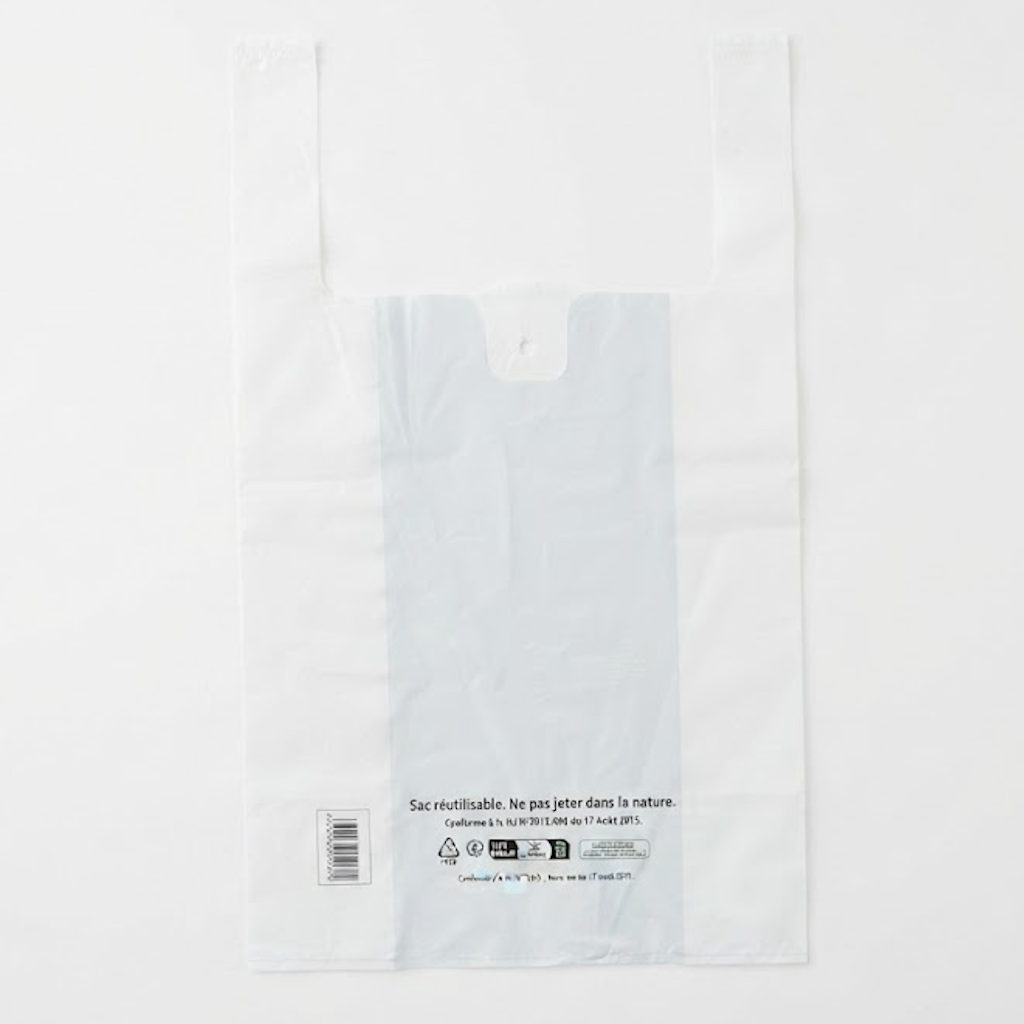 Sac bretelles réutilisable blanc en PEBD avec poignées, présenté à plat avec mentions de conformité