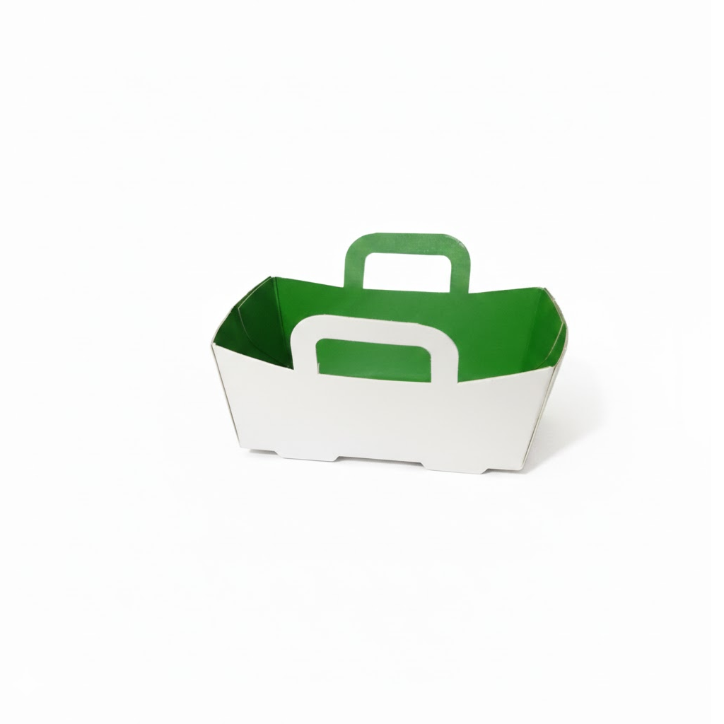 Présentation du produit Barquette Carton Vert/Blanc 125g + anses sur fond neutre