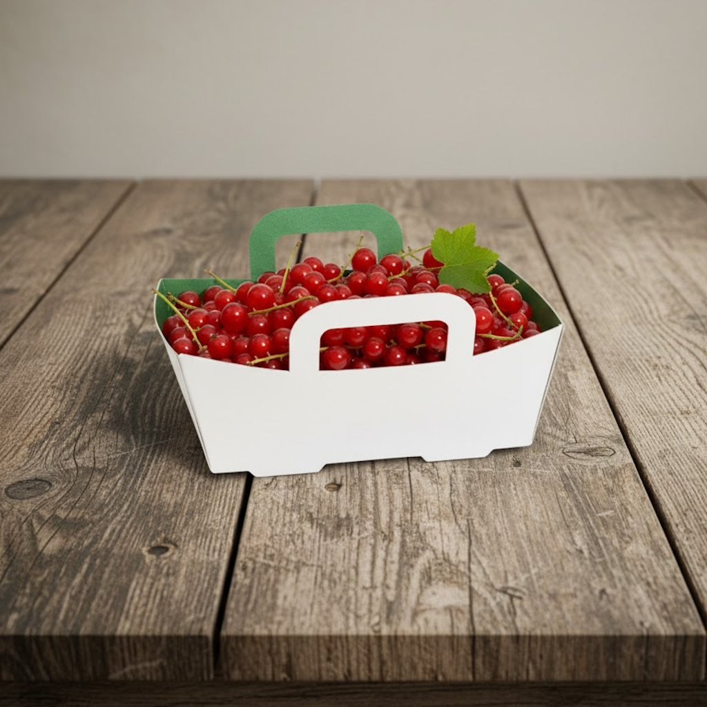 Démonstration de l'utilisation du produit Barquette Carton Vert/Blanc 125g + anses dans la vie de tout les jours