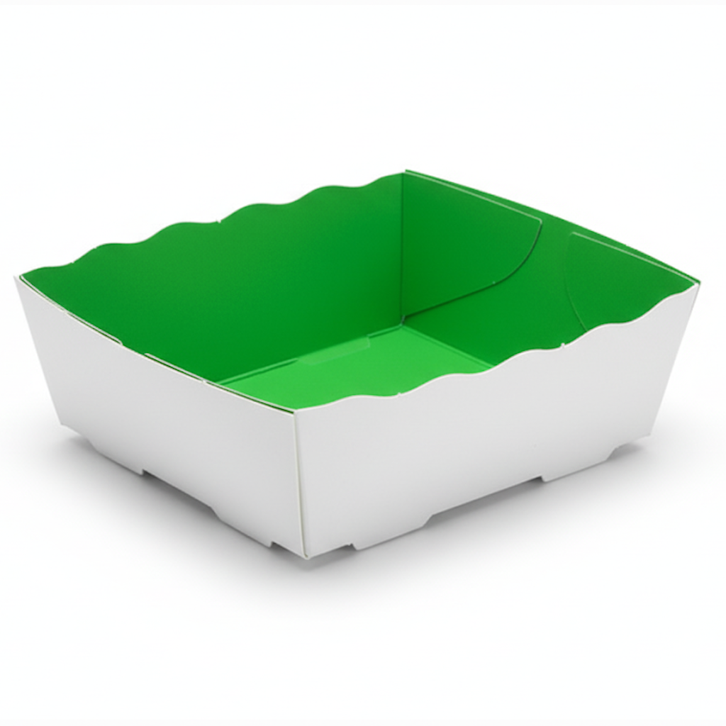 Présentation du produit Barquette Carton Vert/Blanc 125g - Sans Impression sur fond neutre