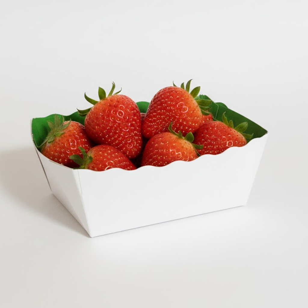 Démonstration de l'utilisation du produit Barquette Carton Vert/Blanc 250g - Sans Impression sur fond neutre