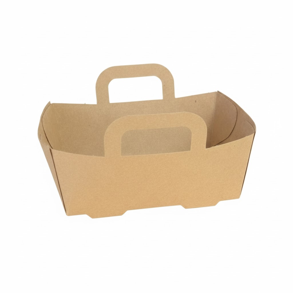 Présentation du produit Barquette Carton Kraft Naturel 125g avec anses - Sans Impression sur fond neutre