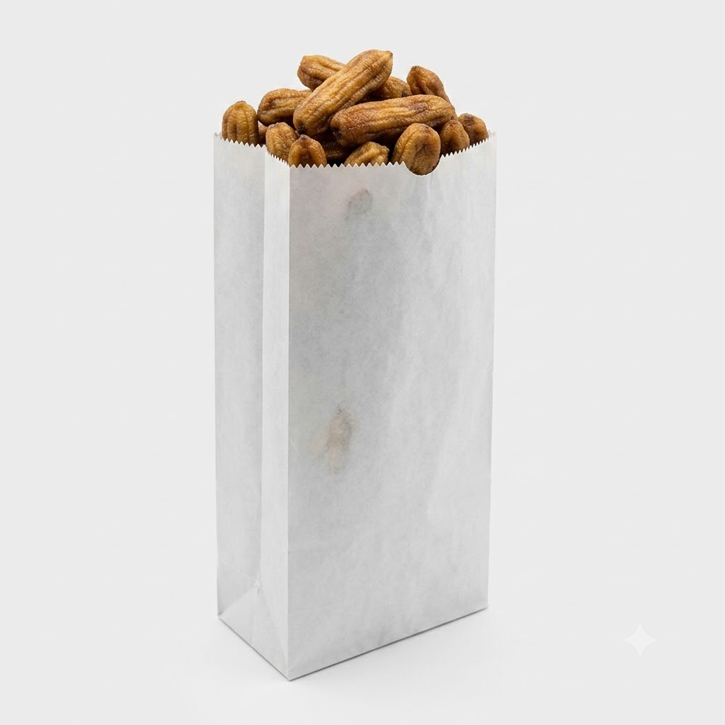 Sac papier SOS kraft blanc rempli de cacahuètes non décortiquées sur fond blanc