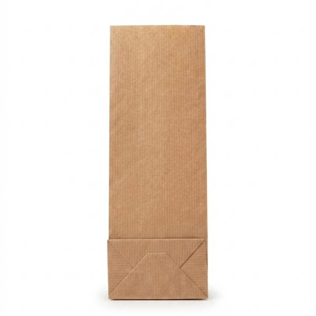 Sac SOS kraft brun vergé à fond plat, format vertical, sur fond blanc