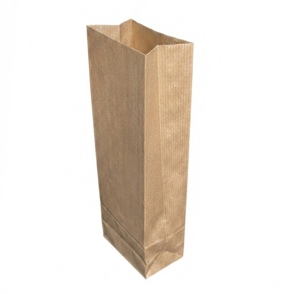 Sac SOS kraft brun vergé vide, fond plat, ouverture large, vue de trois quarts sur fond blanc