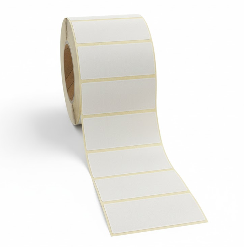 Présentation du produit Etq Adhésive 100x40mm TH° Adhésif Renforcé neutre Blanche sur fond neutre