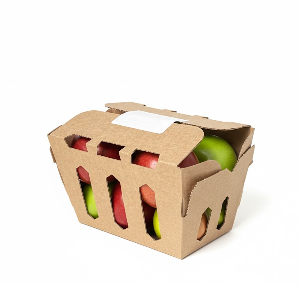Démonstration de l'utilisation du produit Barquette Carton Montée 1kg Multifruits à rabats sur fond neutre