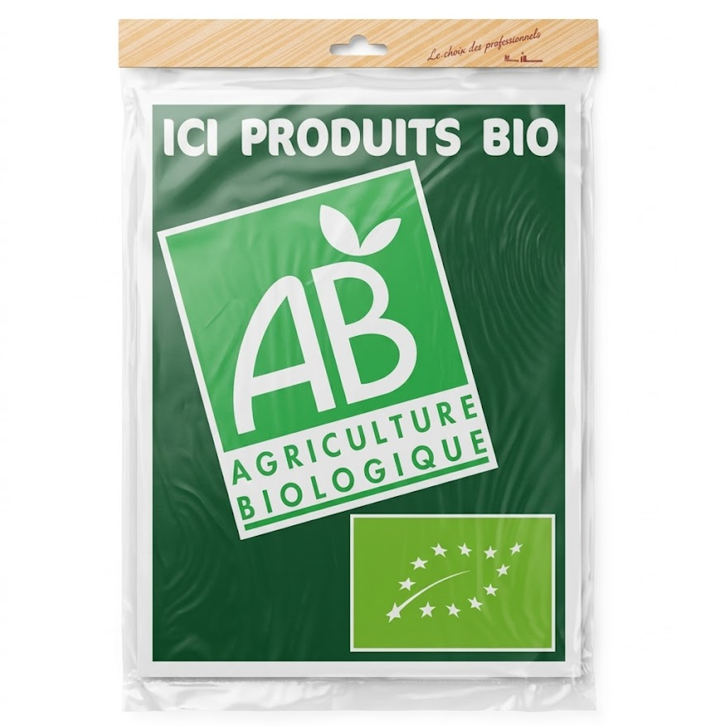 Panneau 40x30 cm « Ici produits bio » avec logo AB Agriculture Biologique et logo européen sur fond vert