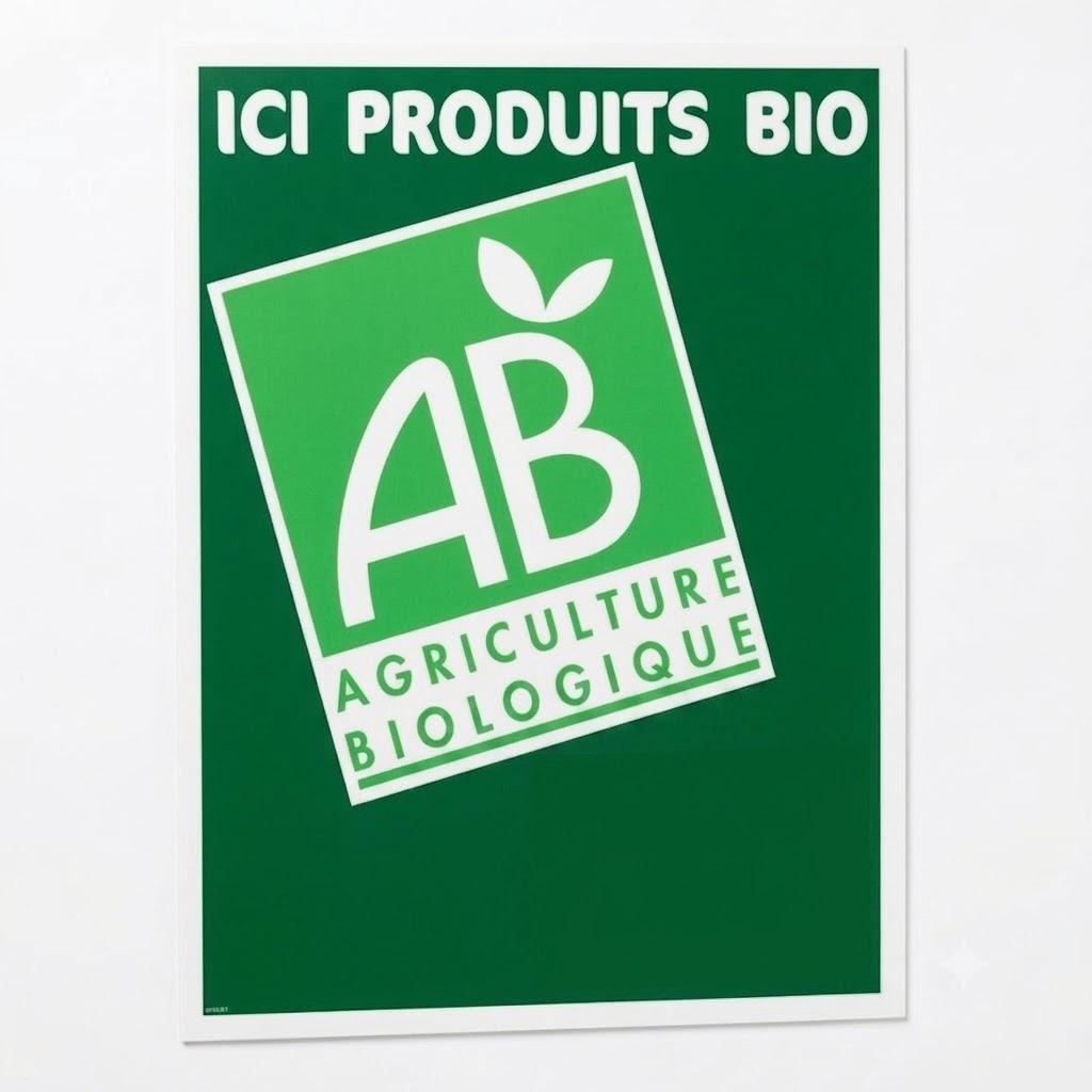Panneau vert 40x30cm marqué "ICI PRODUITS BIO" avec logo AB Agriculture Biologique