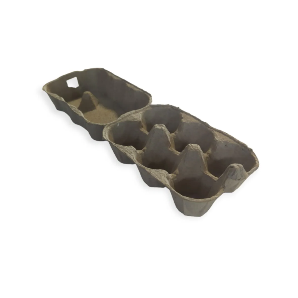 Boîte à œufs en carton moulé gris pour 6 œufs, vide et ouverte