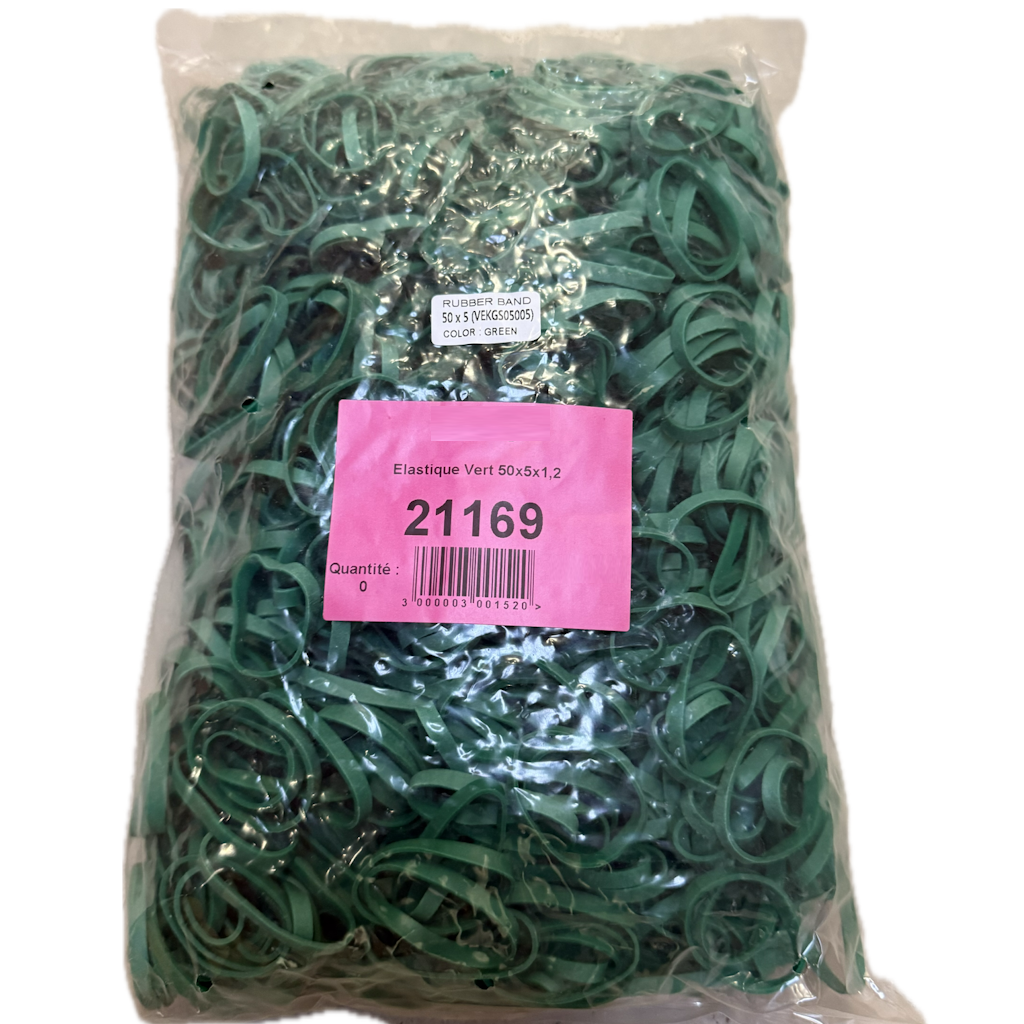 Présentation du produit Elastique Vert 50x5x1,2 sur fond neutre