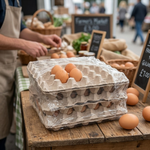 Plaques alvéoles cellulose empilées contenant des œufs bruns sur un étal de marché