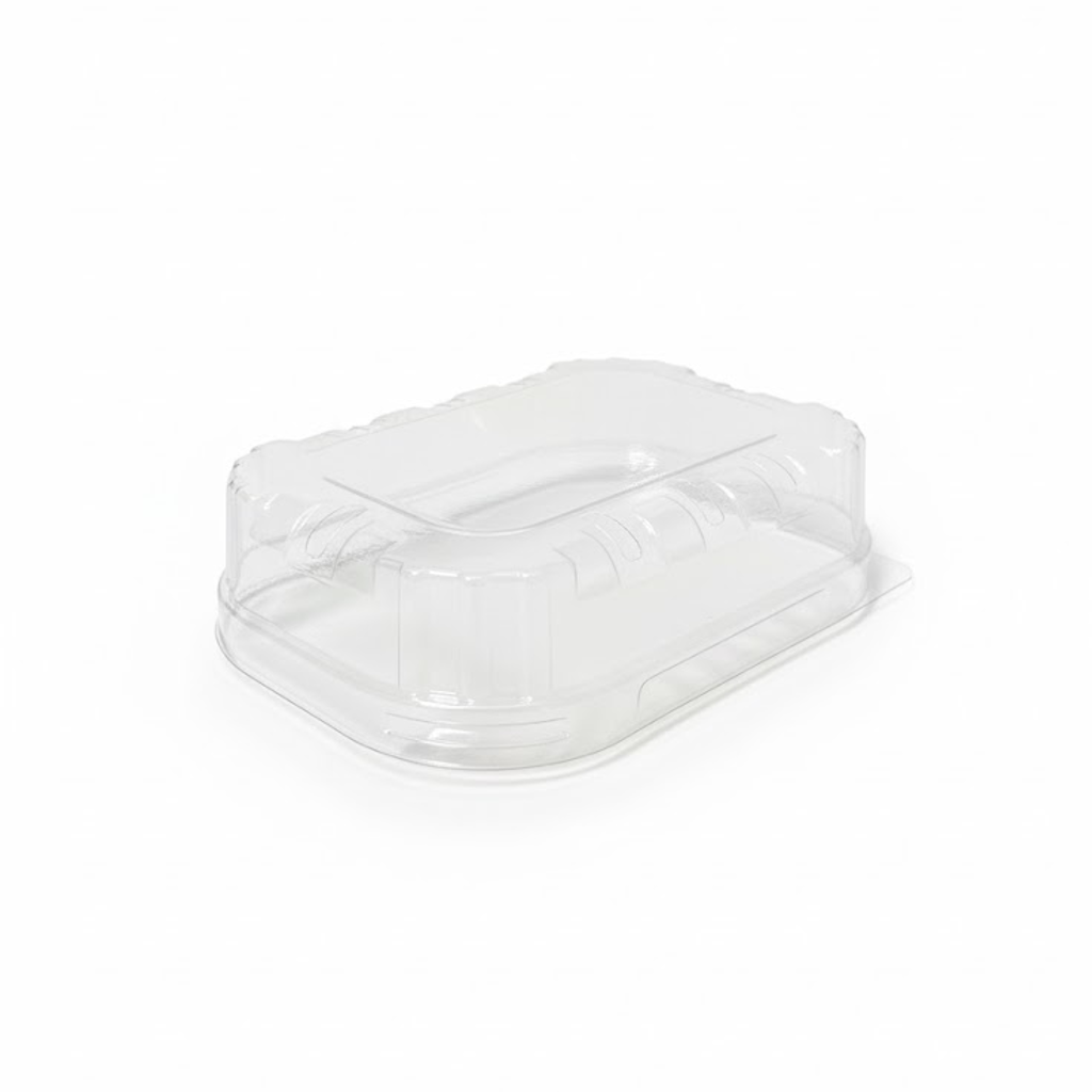 Présentation du produit Couvercle pour Barquette plastique RPET 250g 146x97xH35mm sur fond neutre