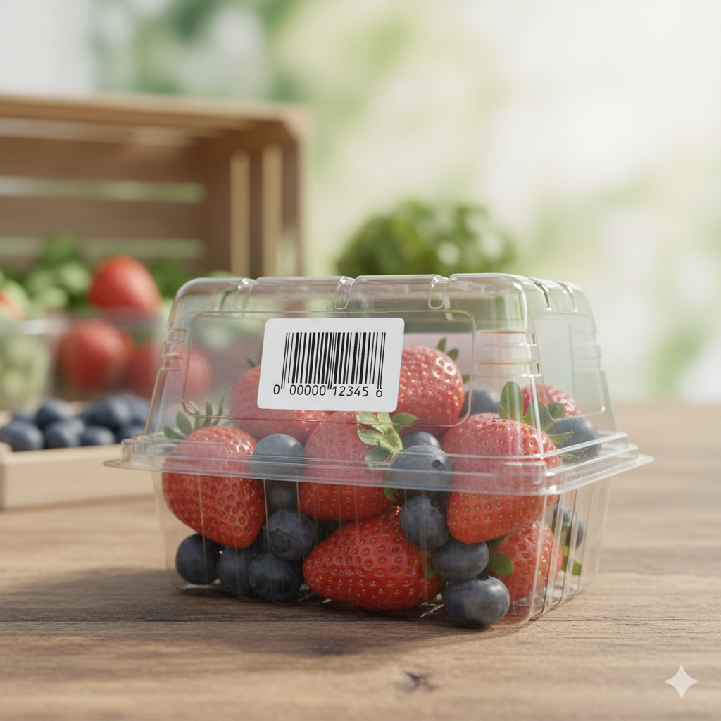 Présentation d'une étiquette blanche Adhésive 35x30mm Velin Neutre  collée sur une barquette plastique 