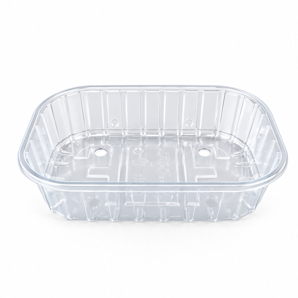 Barquette plastique transparente rectangulaire avec parois nervurées et fond ajouré