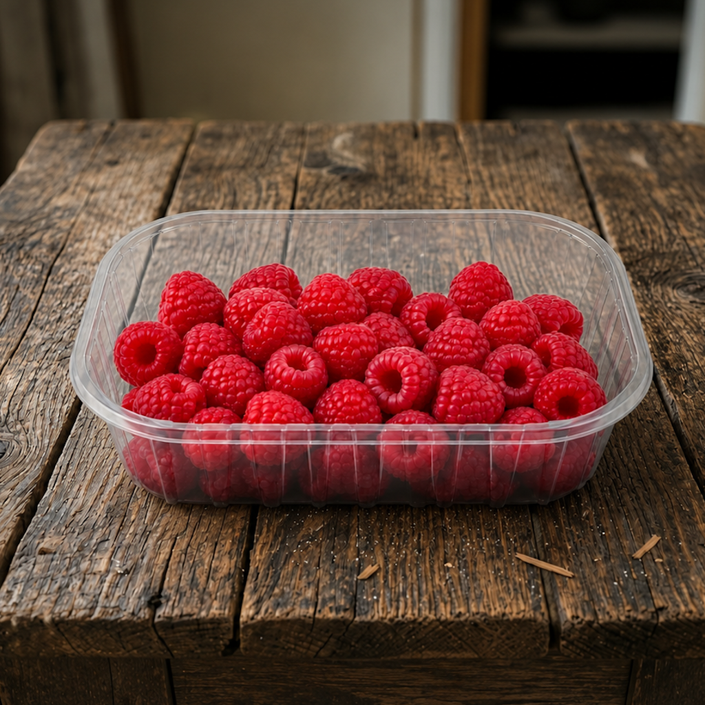 Barquette plastique transparente remplie de framboises fraîches, posée sur table en bois rustique