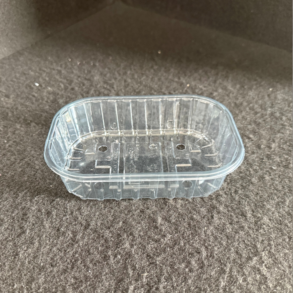 Barquette plastique transparente rectangulaire vide avec fond nervuré et parois striées, posée sur surface grise