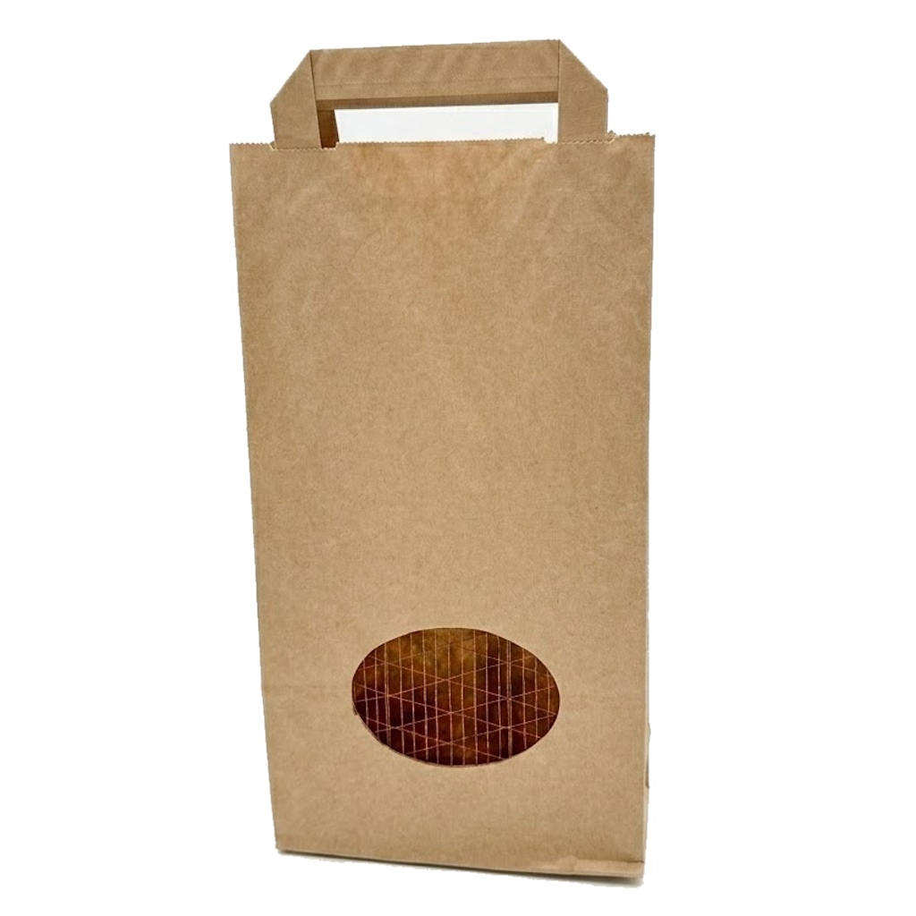 Sac papier écru avec poignées plates et fenêtre ovale filet coton sur la partie inférieure