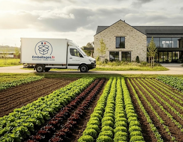 Champs de salade avec un camion en 2nd plan avec le logo de Emballages.fr, en arrière plan se trouve le siège social d'une entreprise maraichère