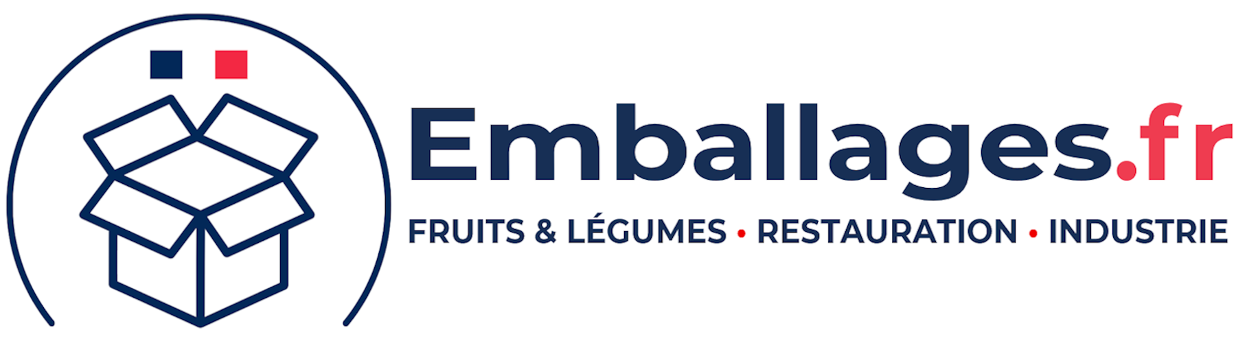 Boite bleu ouverte avec le texte Emballages.fr, FRUITS ET LEGUMES RESTAURATION ET INDUSTRIE en dessous